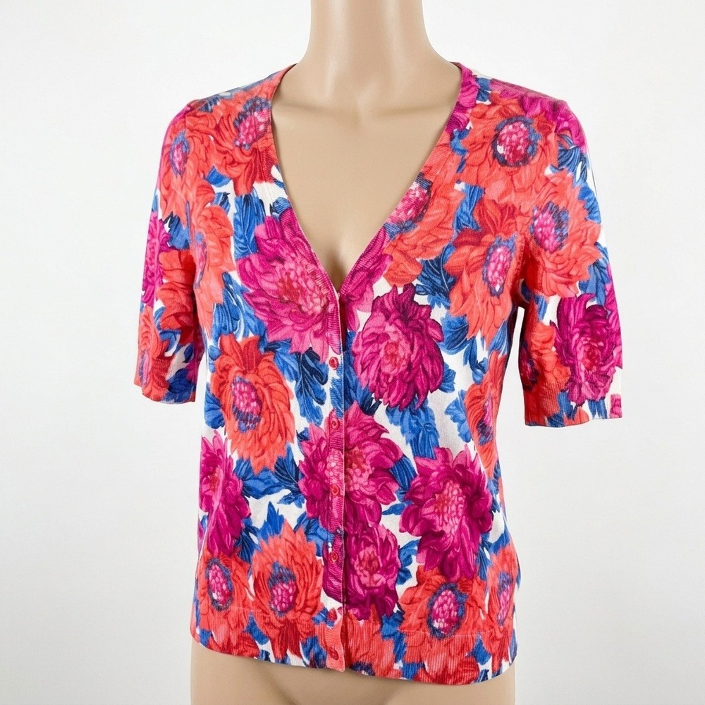 Talbots Floral Cardigan Women Medium Pink Red Short Sleeve V-Neck Button Front